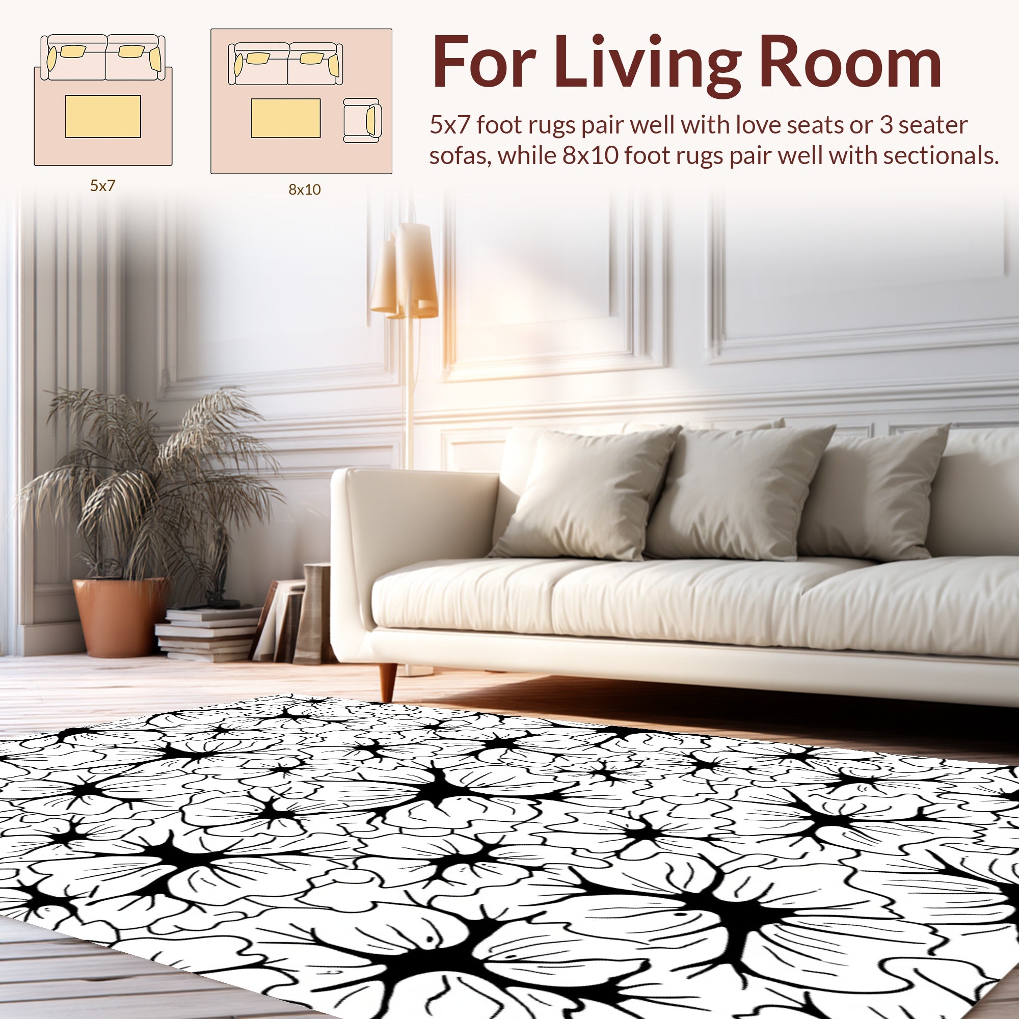 Bold Black Outline Floral Pattern Rug