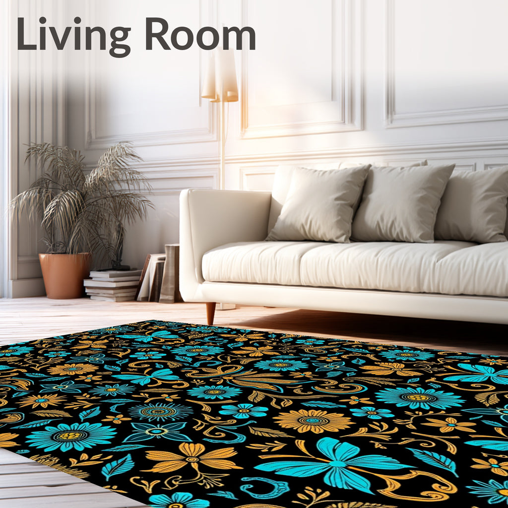Aqua Orange Butterfly Floral Whirls Rug