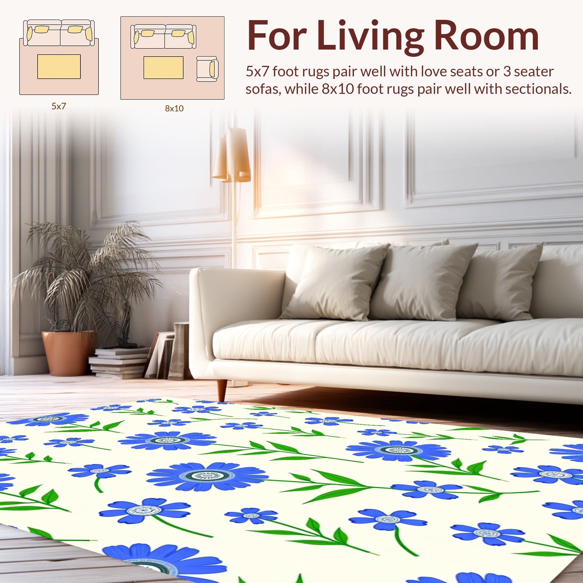 Blue Floral Botanical Pattern Rug