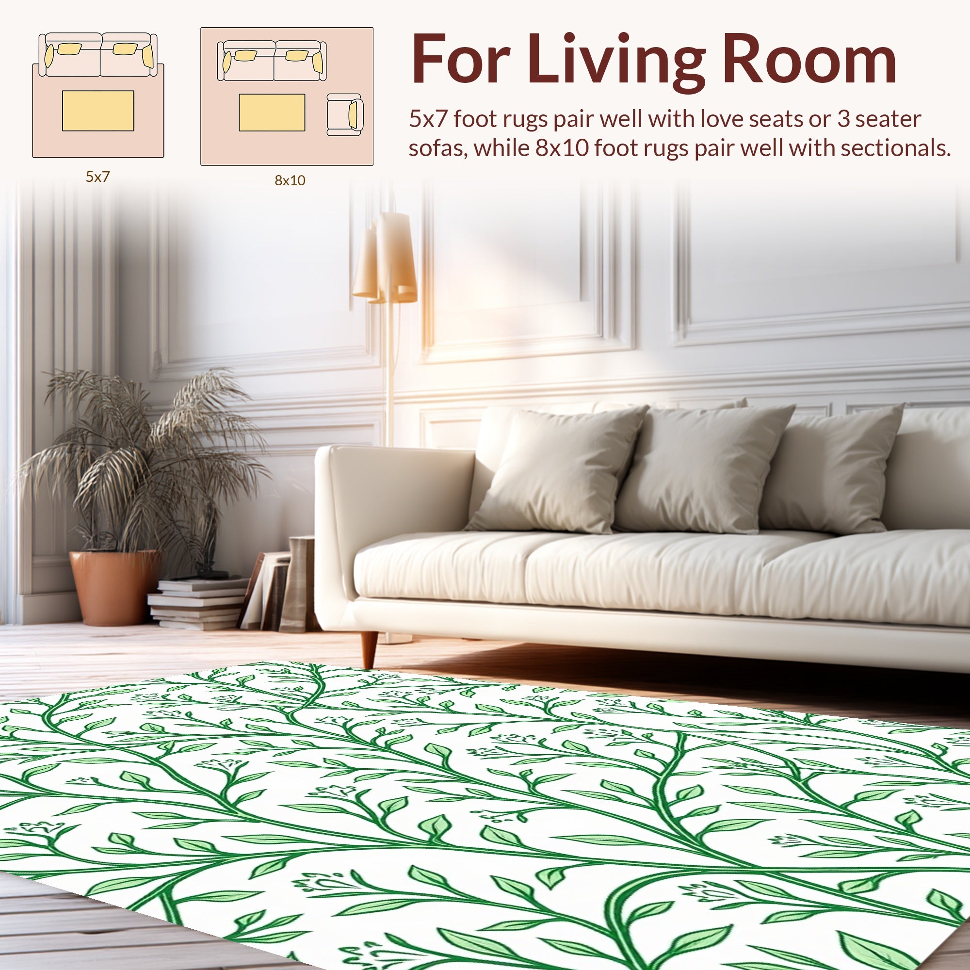 Elegant Green Vine Motif Pattern Rug