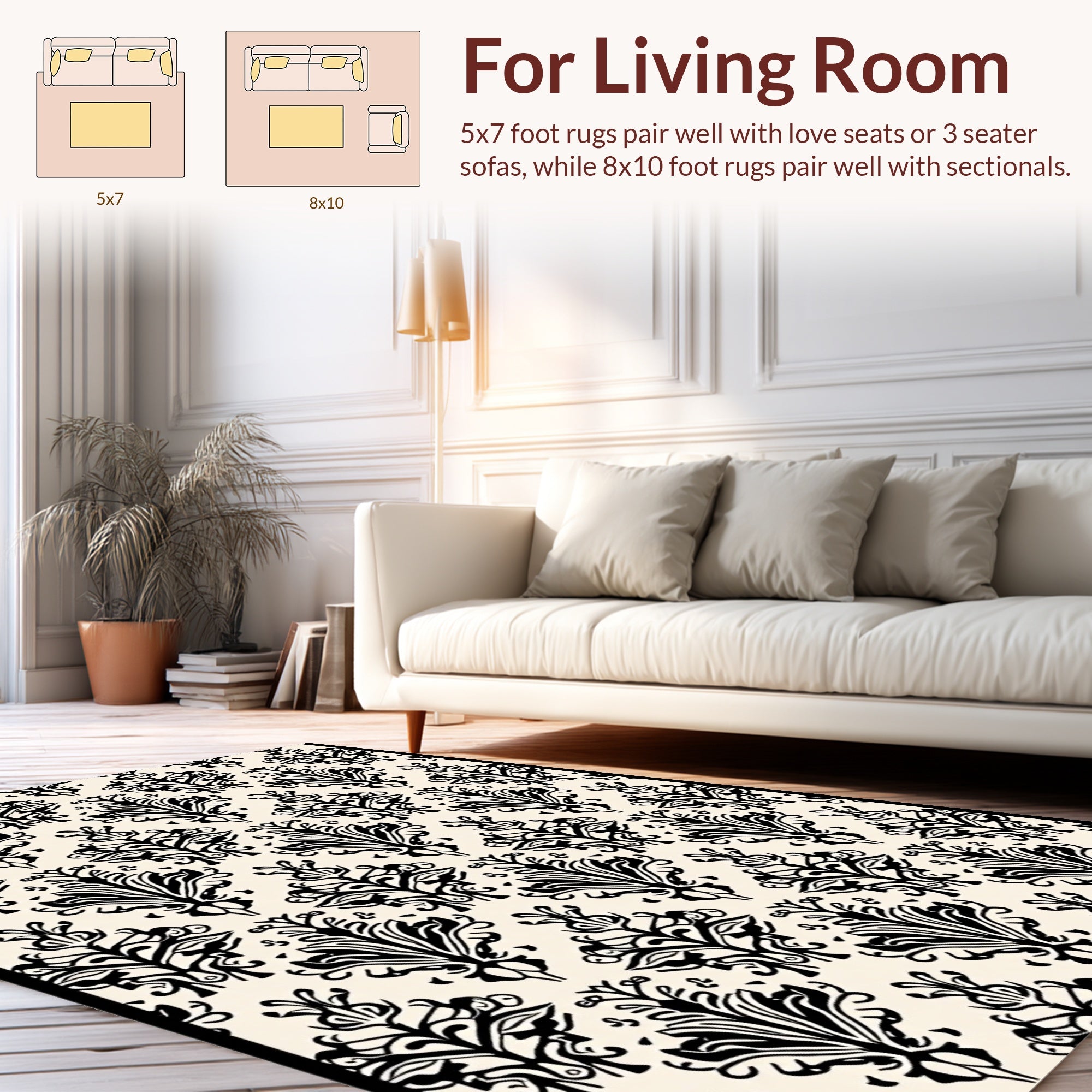 Black Cream Classic Floral Pattern Rug