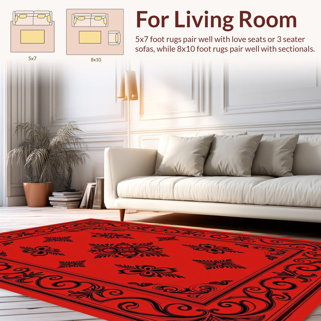 Crimson Black Floral Scroll Pattern Rug