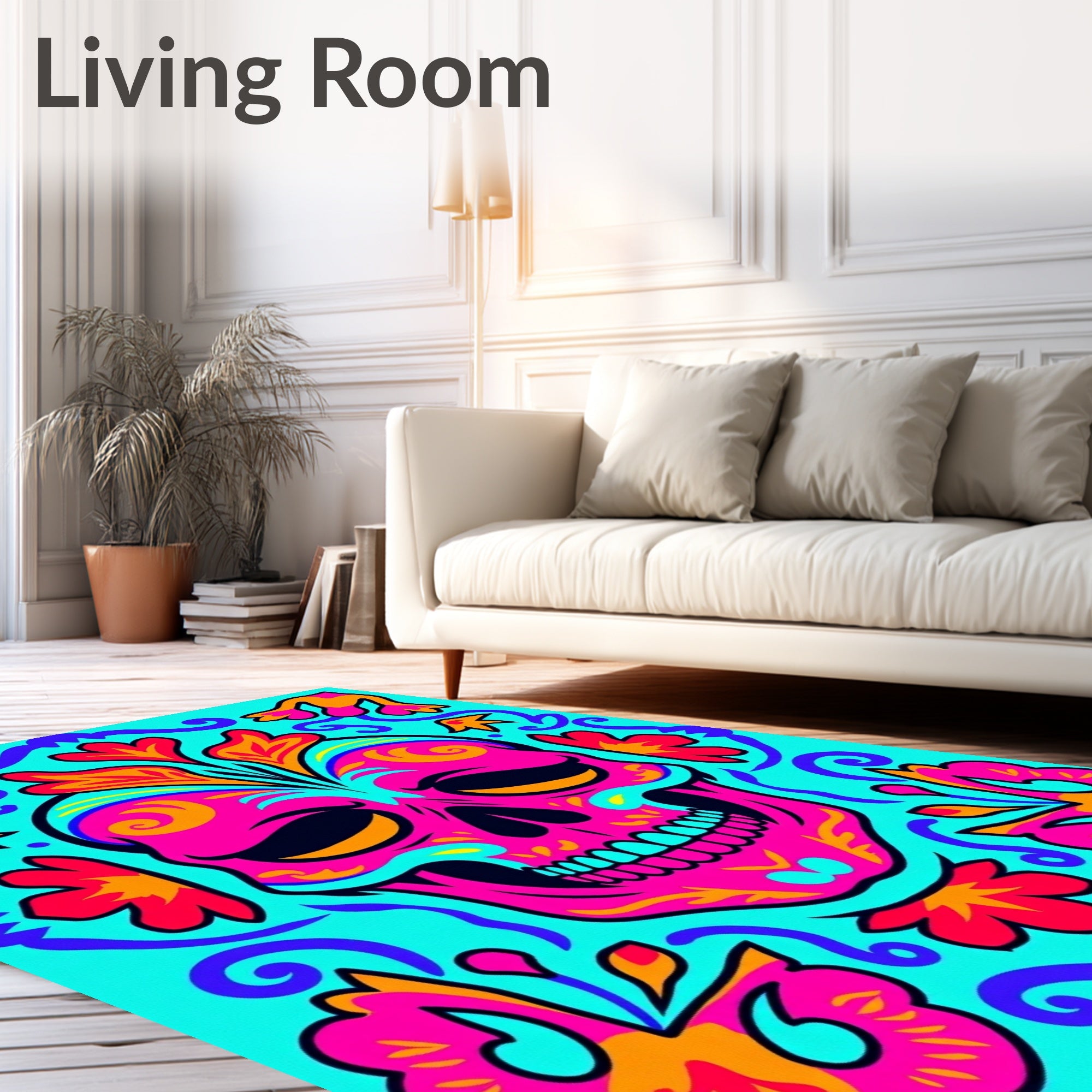 Vibrant Pink Skull Floral Border Rug