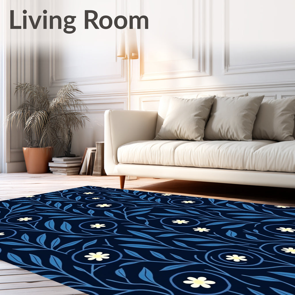 Dark Blue Floral Vine Pattern Rug