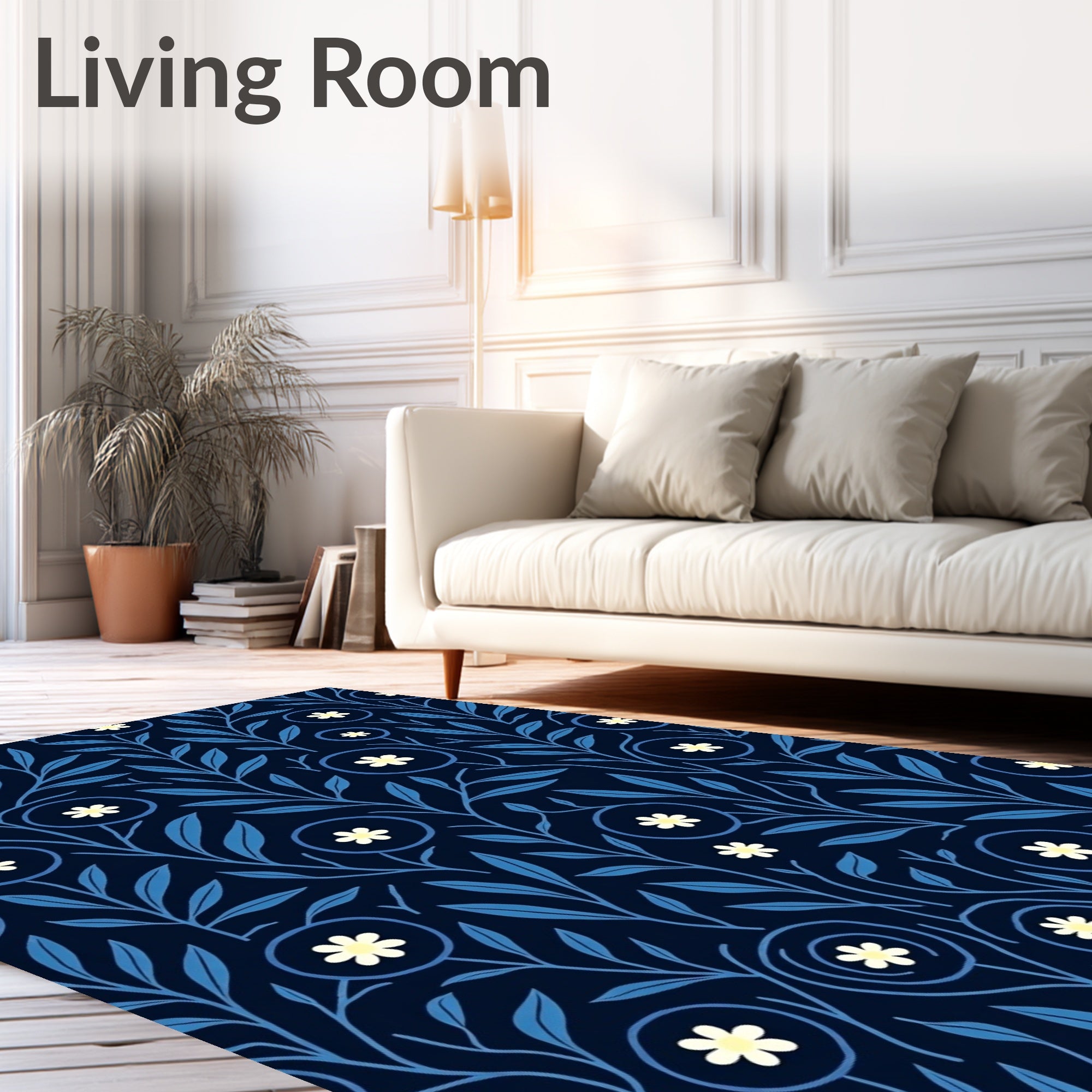 Dark Blue Floral Vine Pattern Rug