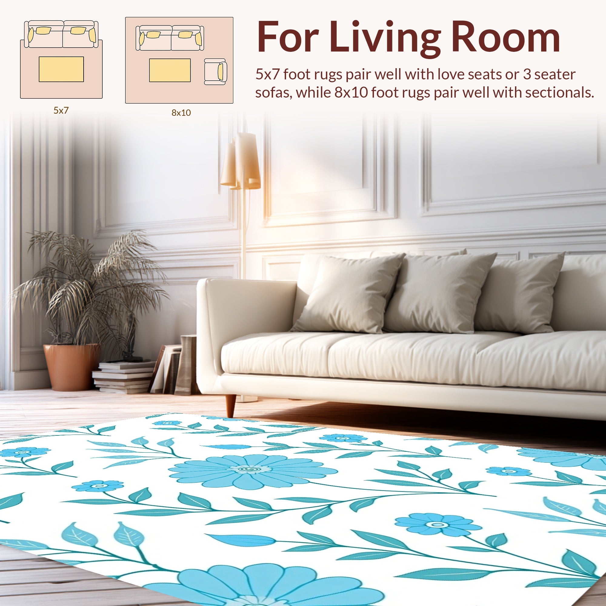 Blue Floral Branch Pattern Rug