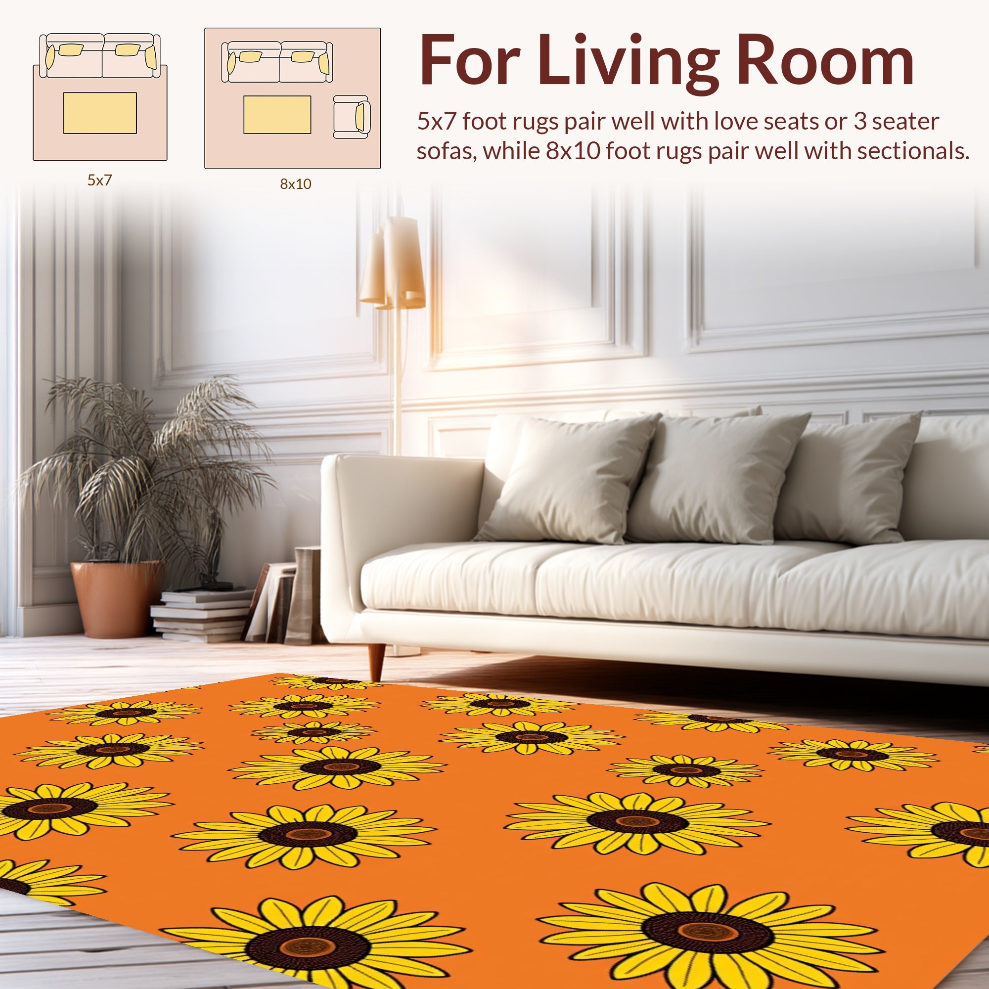 Golden Yellow Sunflowers on Orange Background Rug