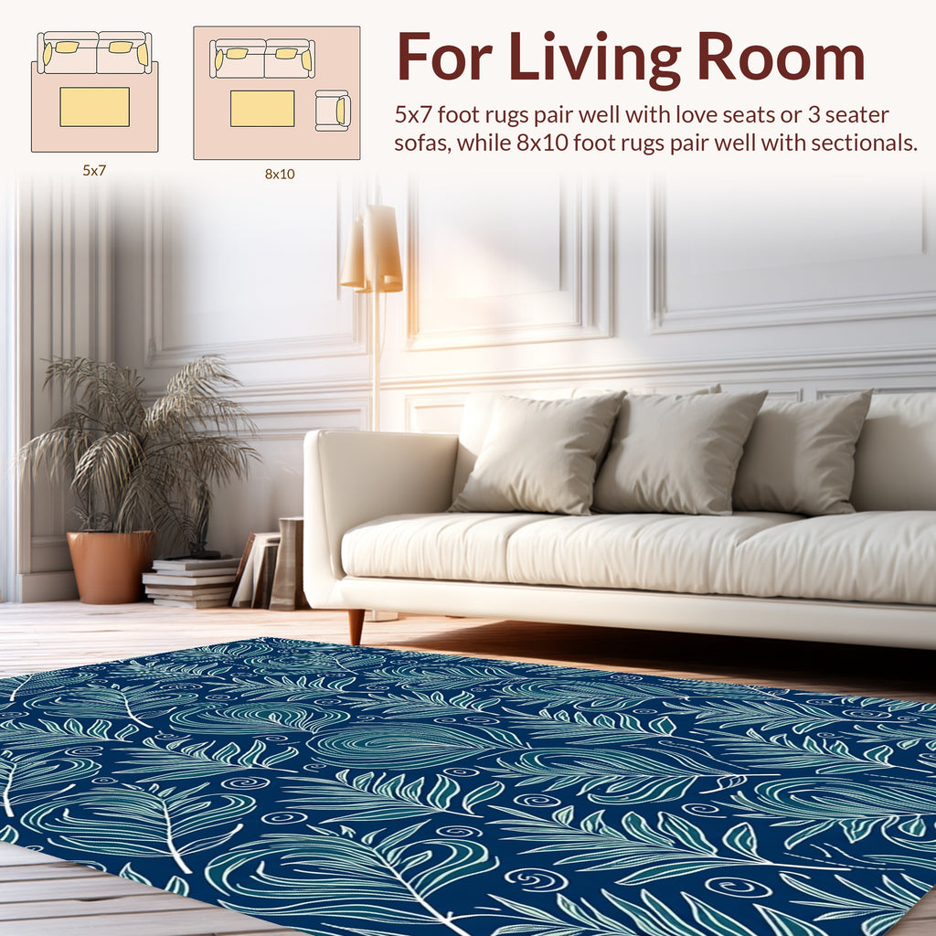 Navy Feather and Swirl Pattern Rug