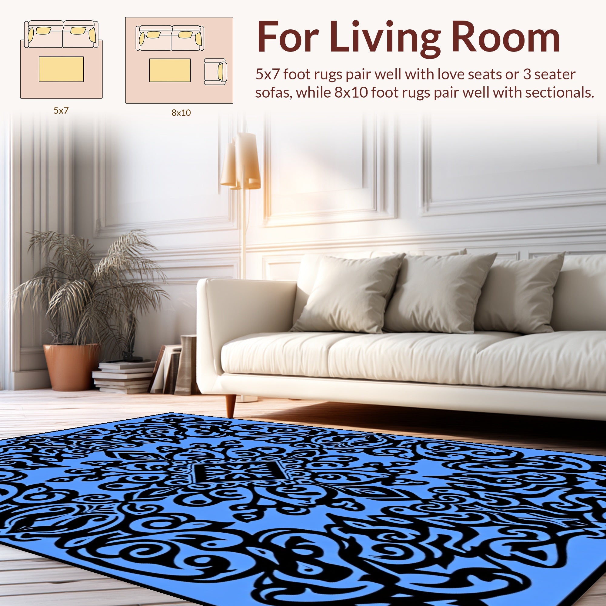 Bold Black Scrollwork With Blue Pattern Rug
