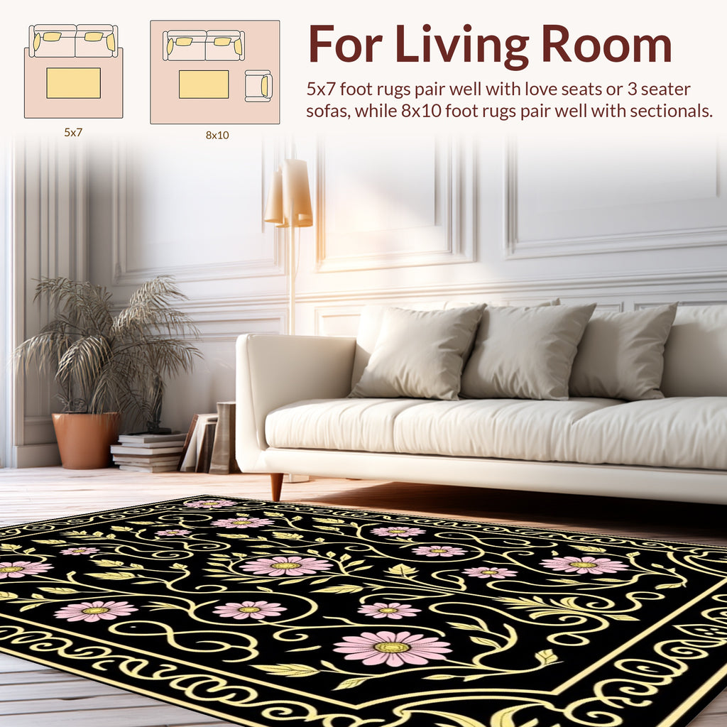 Black Floral Vine with Pink Flowers Rug