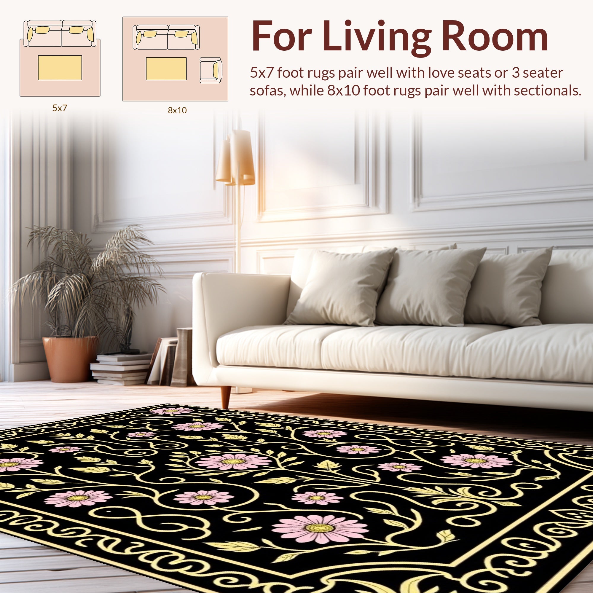 Black Floral Vine with Pink Flowers Rug