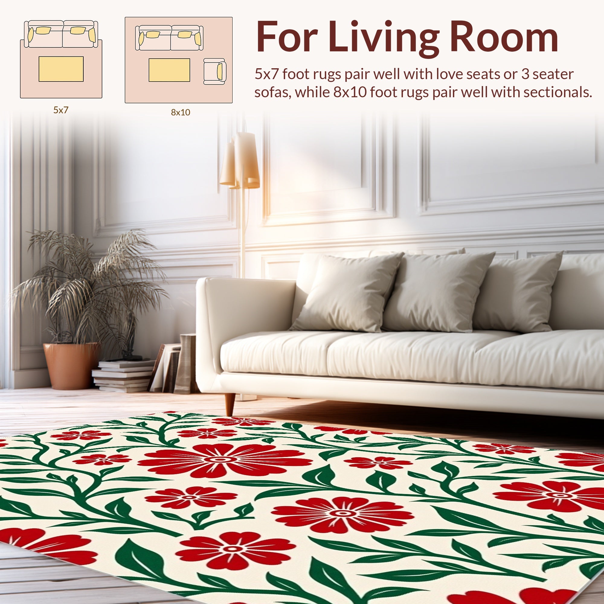 Red Flower Green Leaf Pattern Rug
