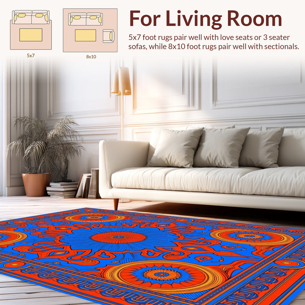 Bold Blue Orange Geometric Mandala Rug