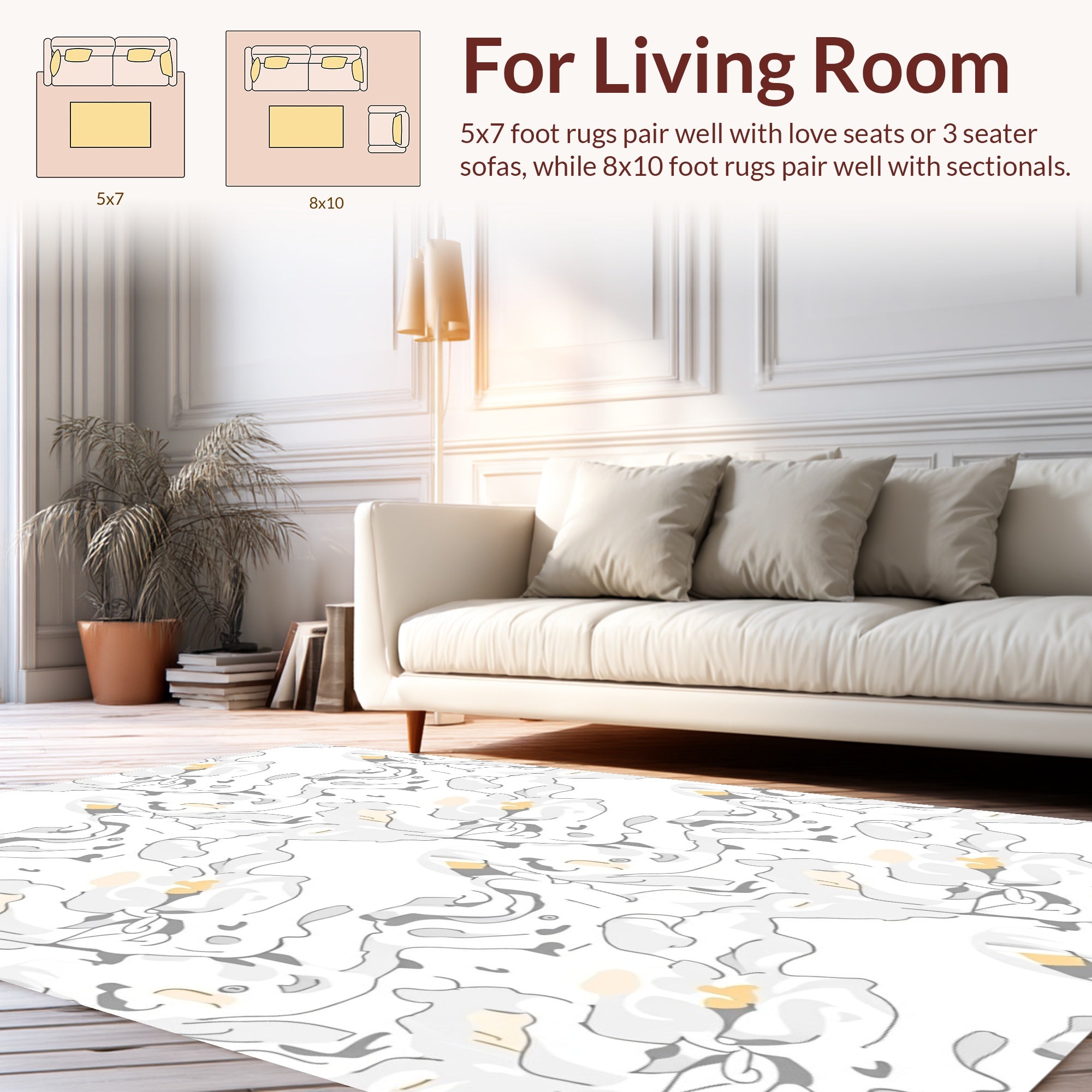 Abstract Flowing White Gray Floral Pattern Rug