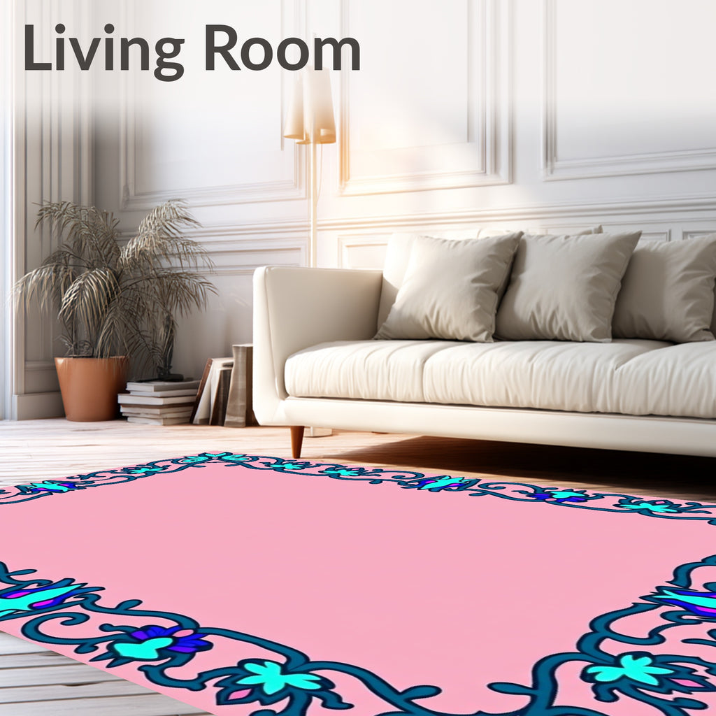 Teal Floral Vine Border Pink Rug