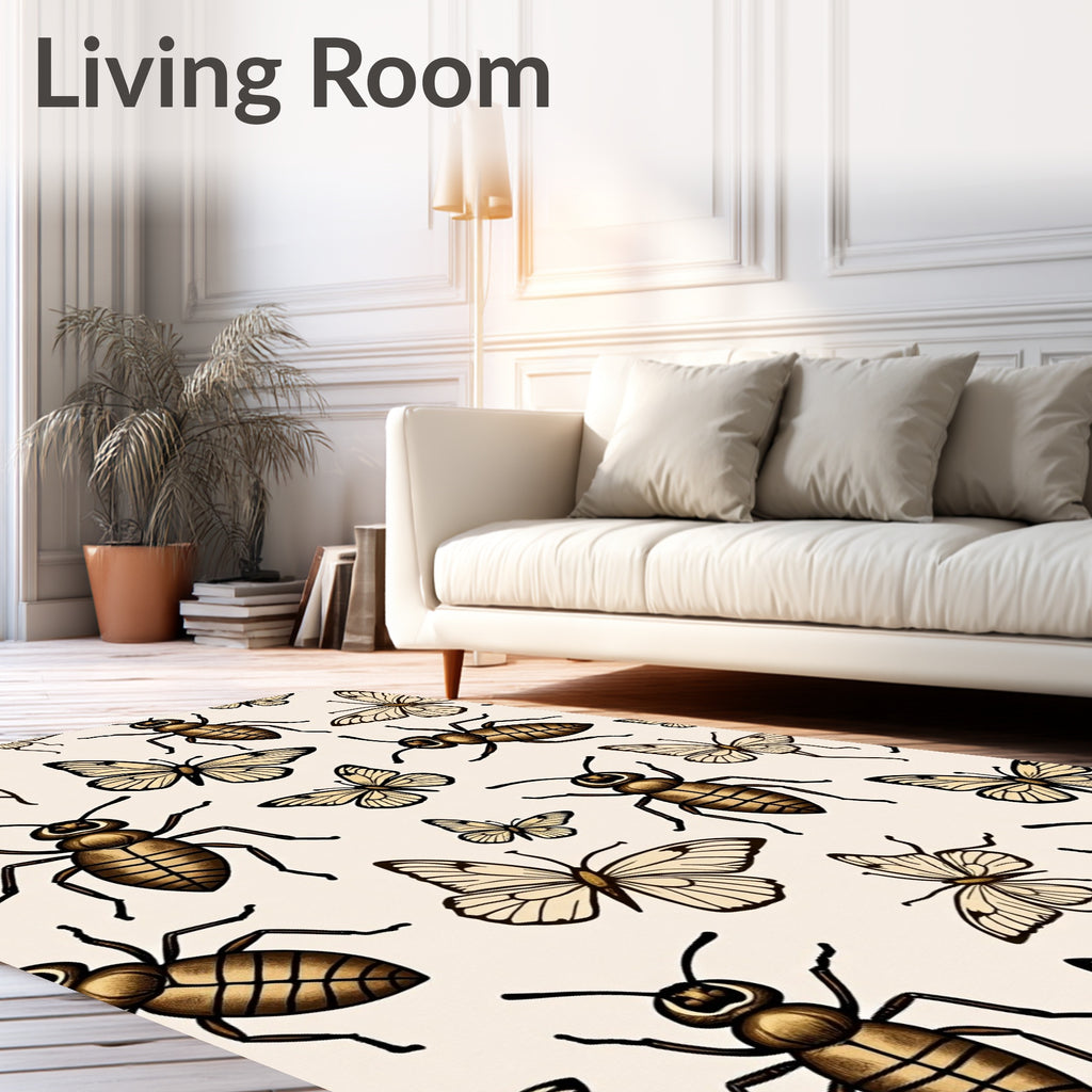 Antique Insects Butterflies Cream Rug