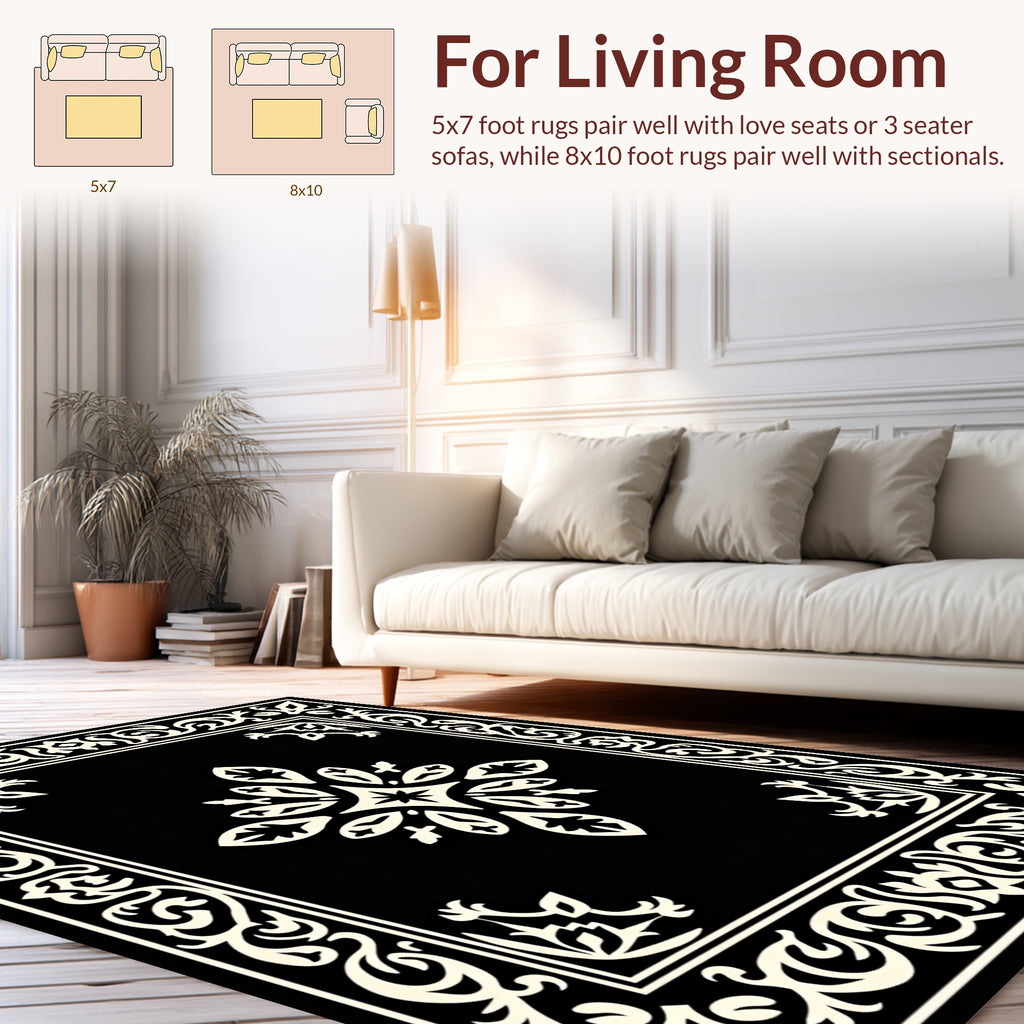 Elegant Black and Cream Scrollwork Design Rug