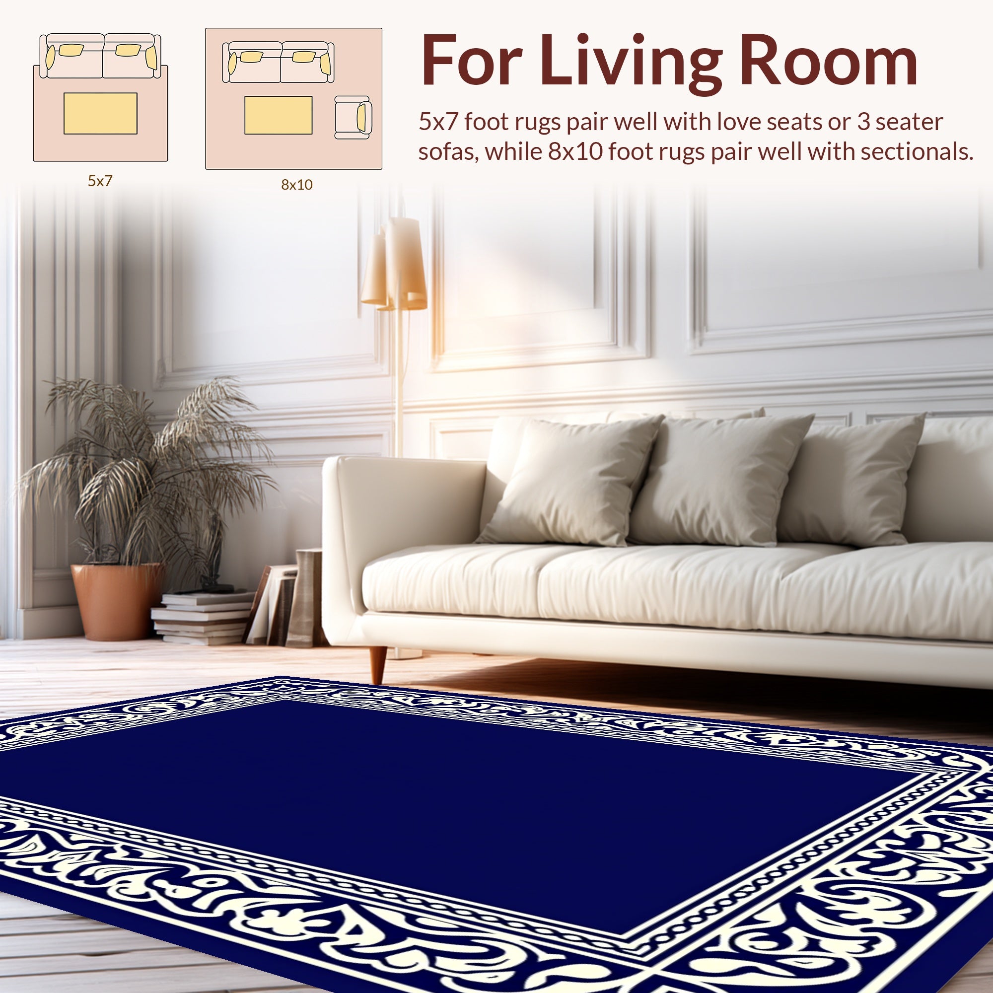 Ornate Cream On Dark Blue Border Rug