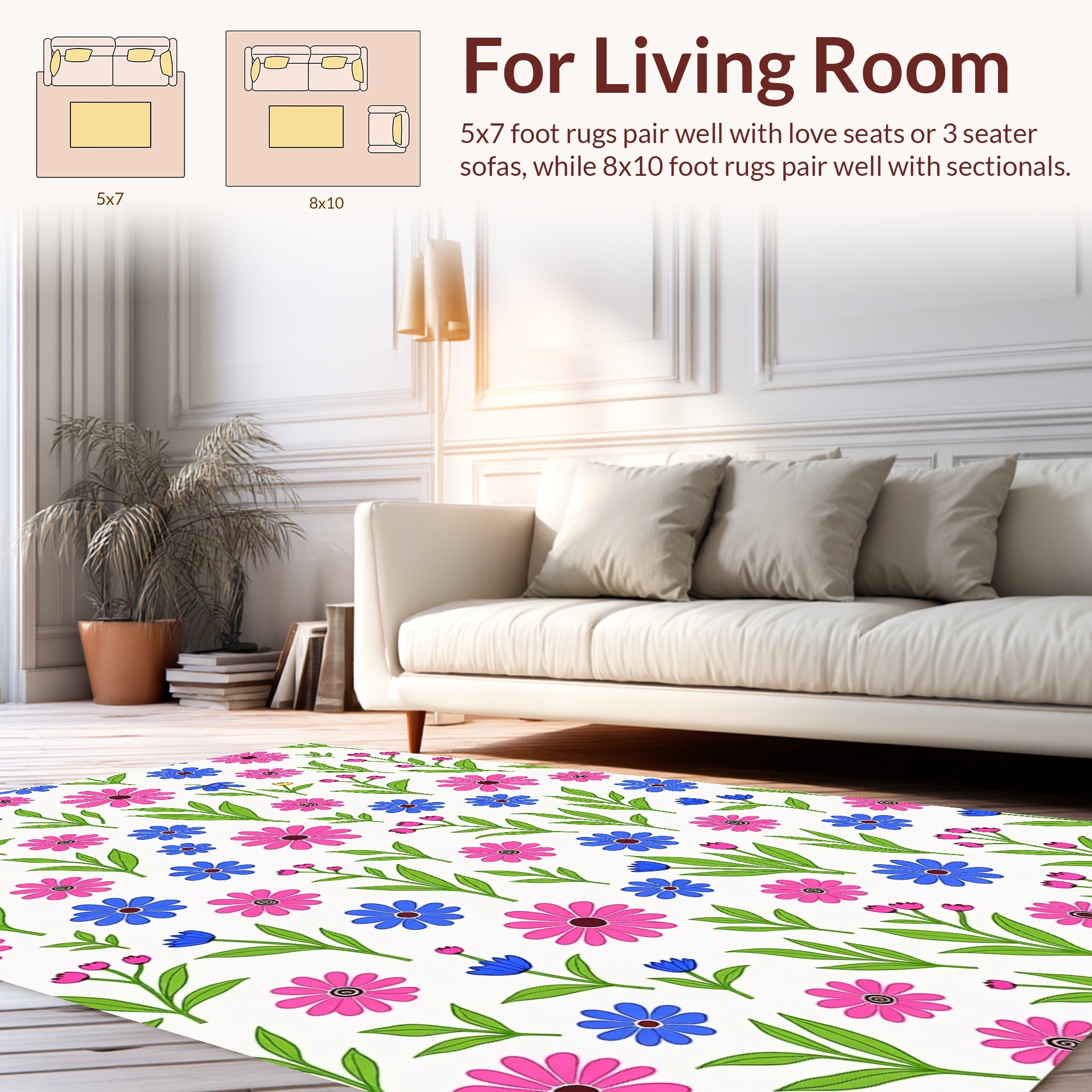 Playful Pink Blue Floral Pattern Rug