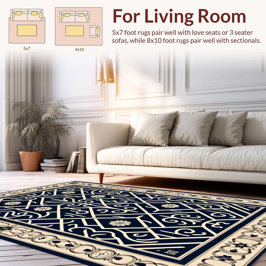 Ornate Geometric Floral Cream Navy Rug