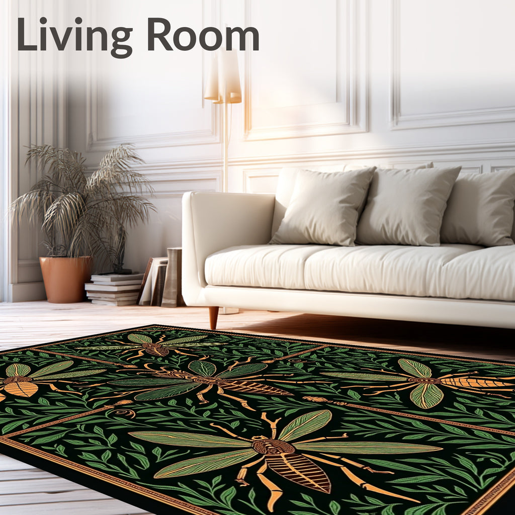 Antique Emerald Insect Foliage Art Rug