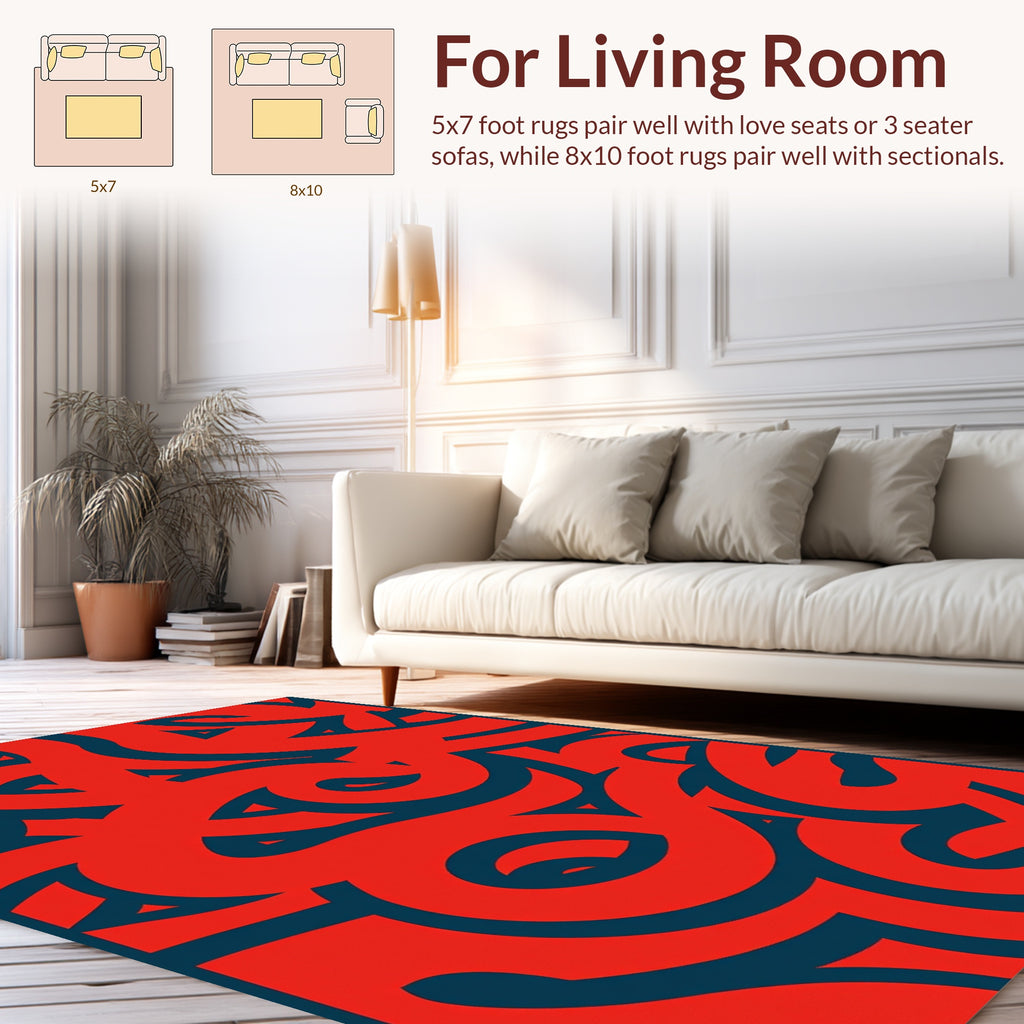Bold Red Wavy Swirl Pattern Rug