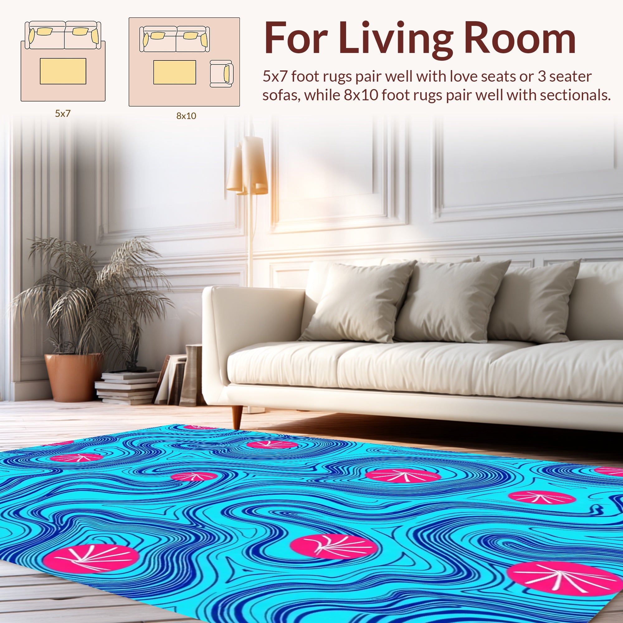 Abstract Blue Swirls With Pink Dots Rug