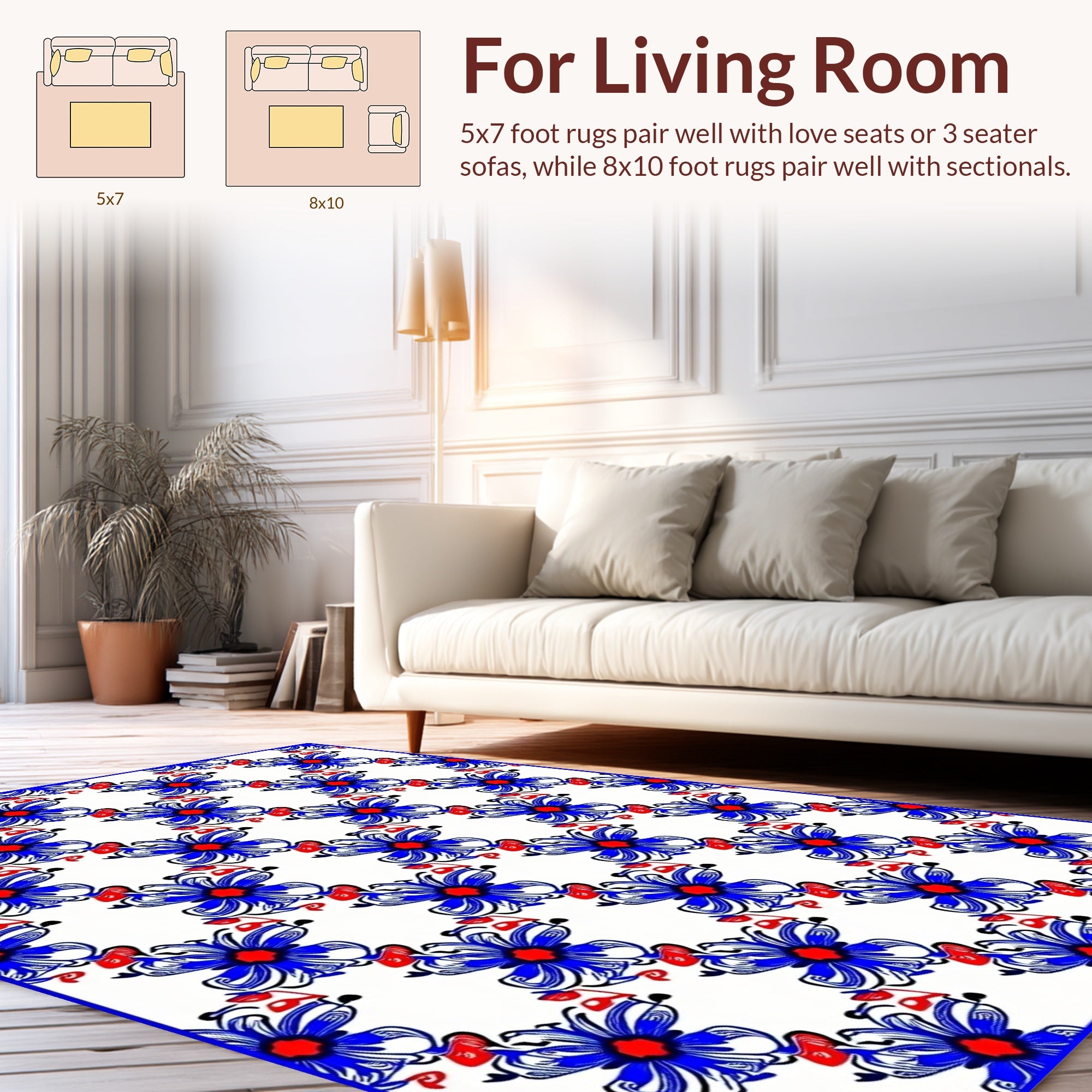 Bold Blue Red Floral Pattern Rug