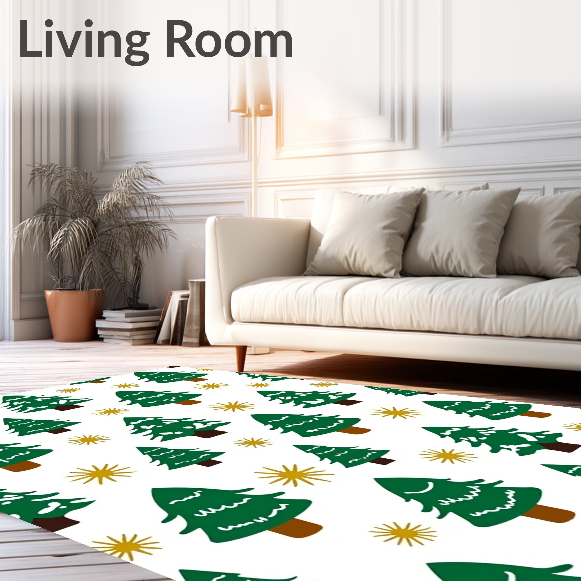 Green Pine Trees Festive Gold Stars Rug