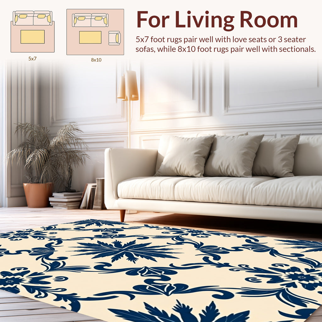 Navy Floral Damask Scroll Pattern Rug