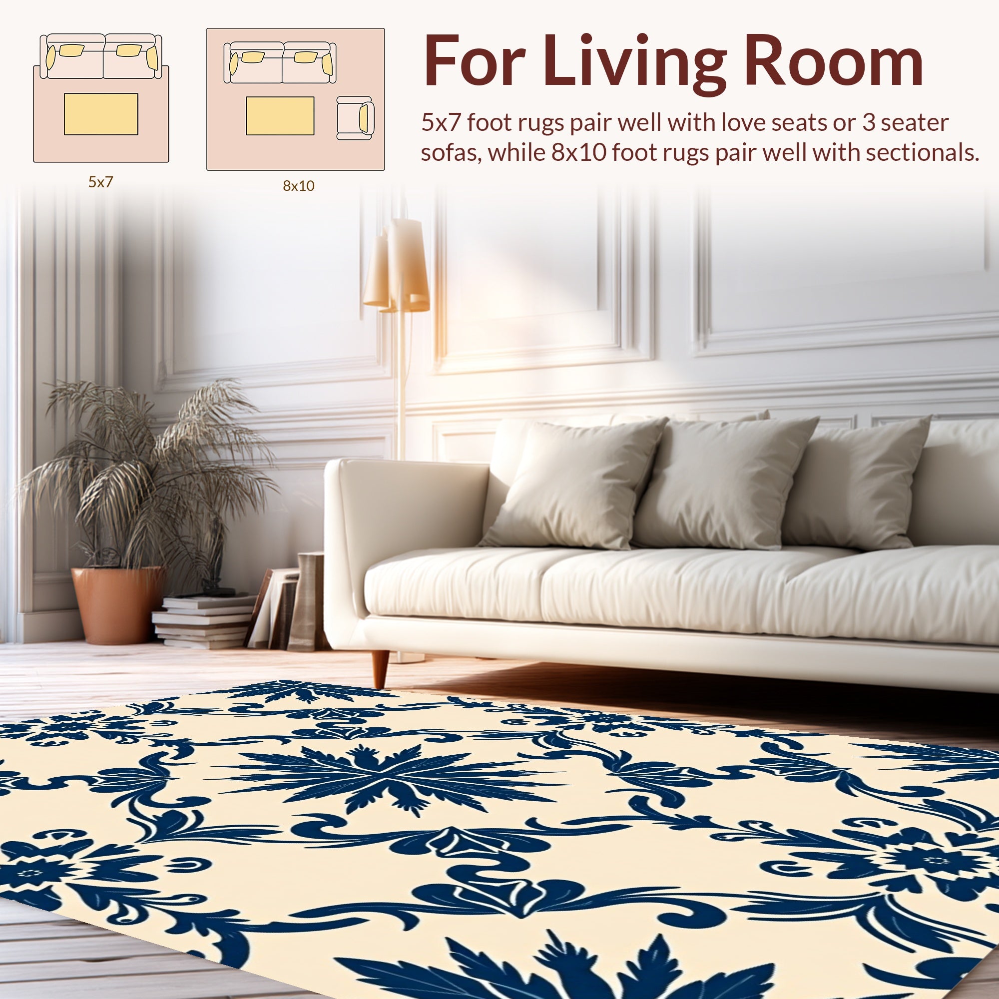 Navy Floral Damask Scroll Pattern Rug