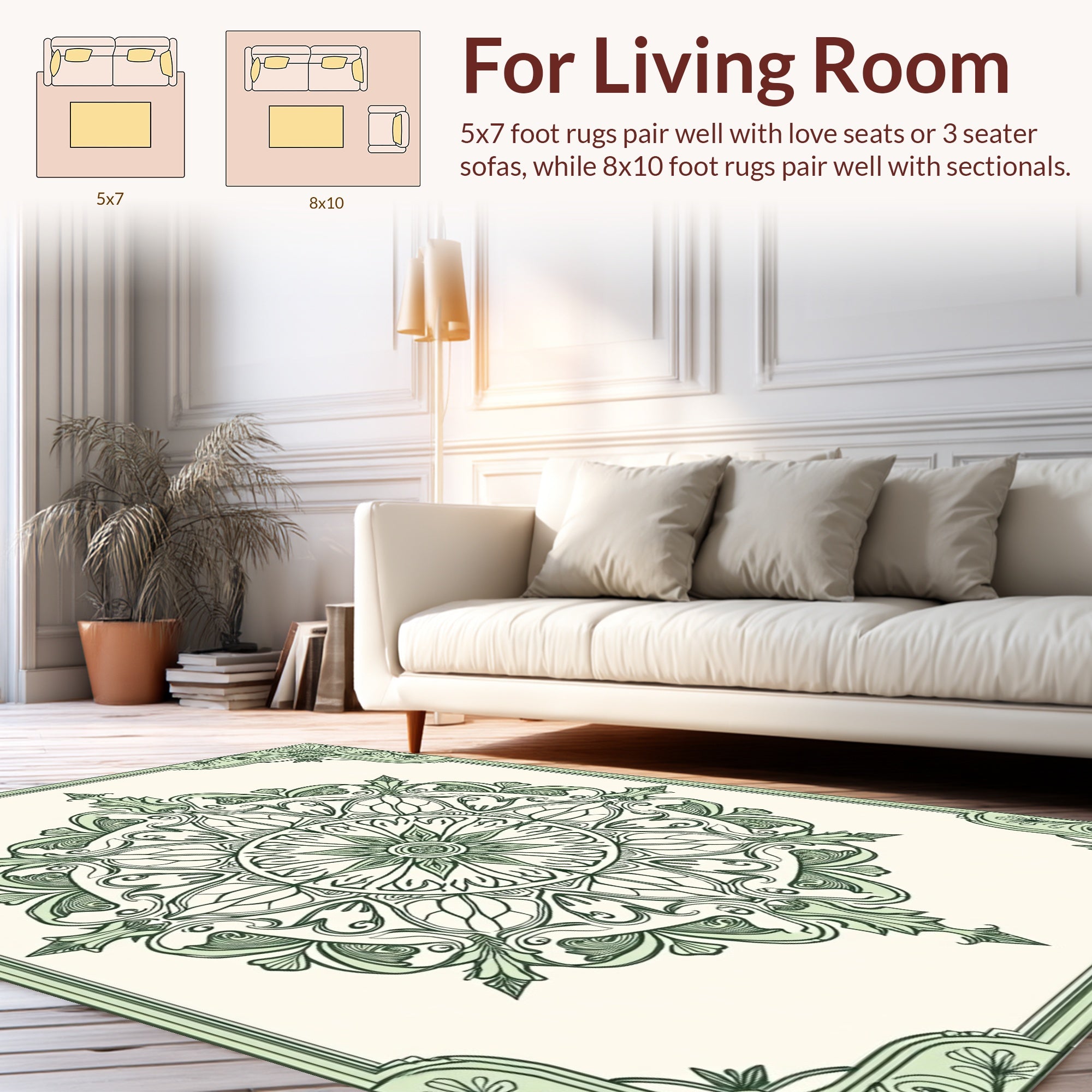 Ornate Green Leaf Mandala Pattern Rug
