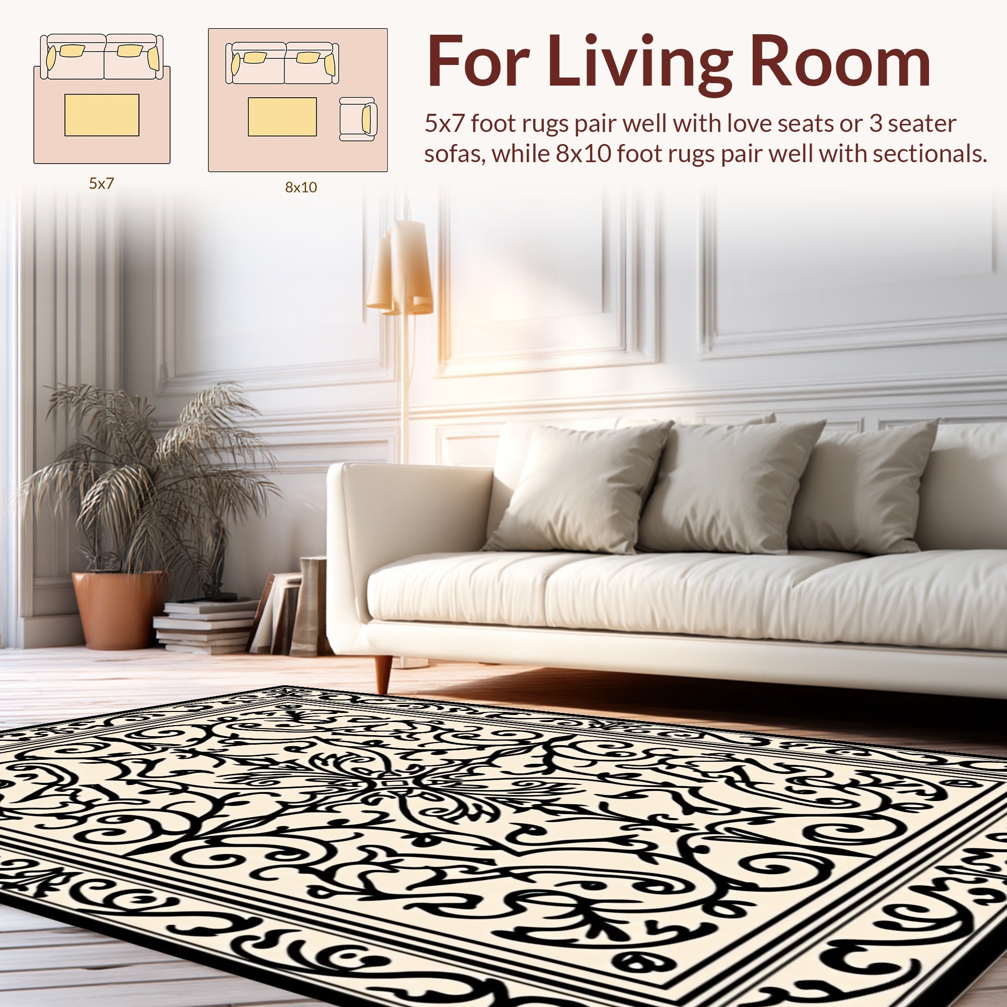 Cream Black Ornate Floral Medallion Rug