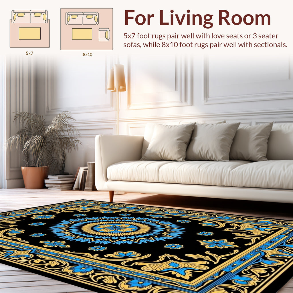Golden Blue Floral Intricate Border Rug