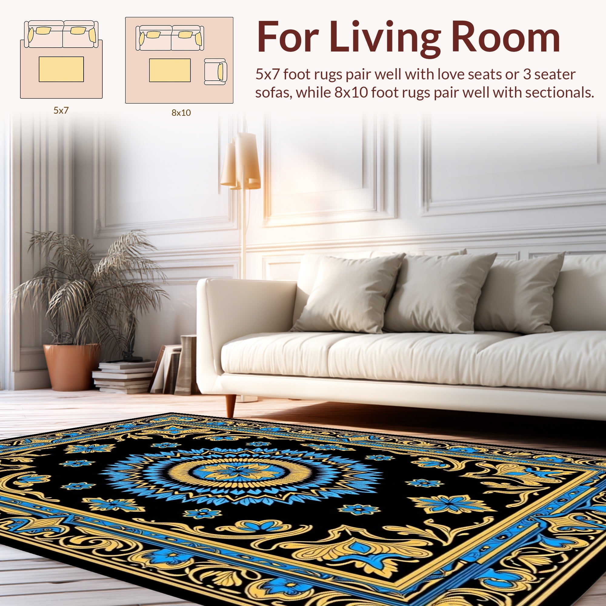 Golden Blue Floral Intricate Border Rug