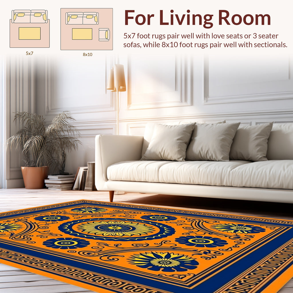 Vibrant Orange Blue Floral Medallion Rug