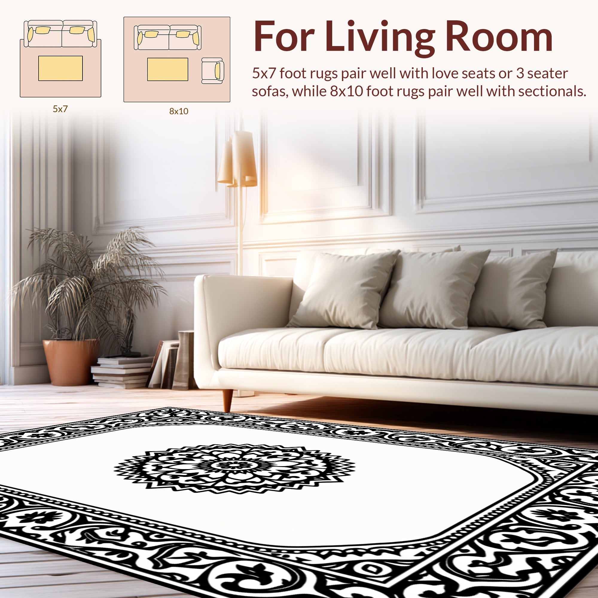 Ornate Black White Mandala Frame Pattern Rug