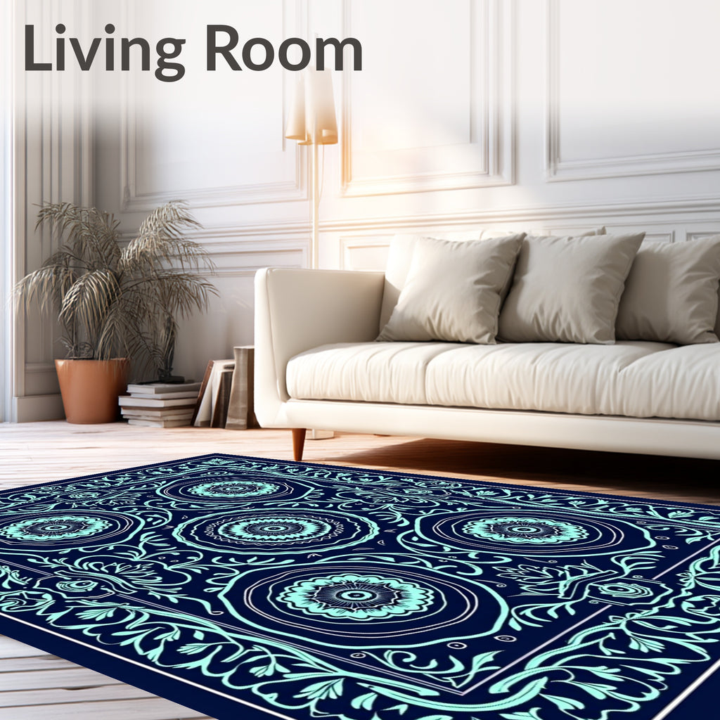 Navy Teal Floral Mandala Composition Rug