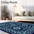 Navy Teal Floral Mandala Composition Rug