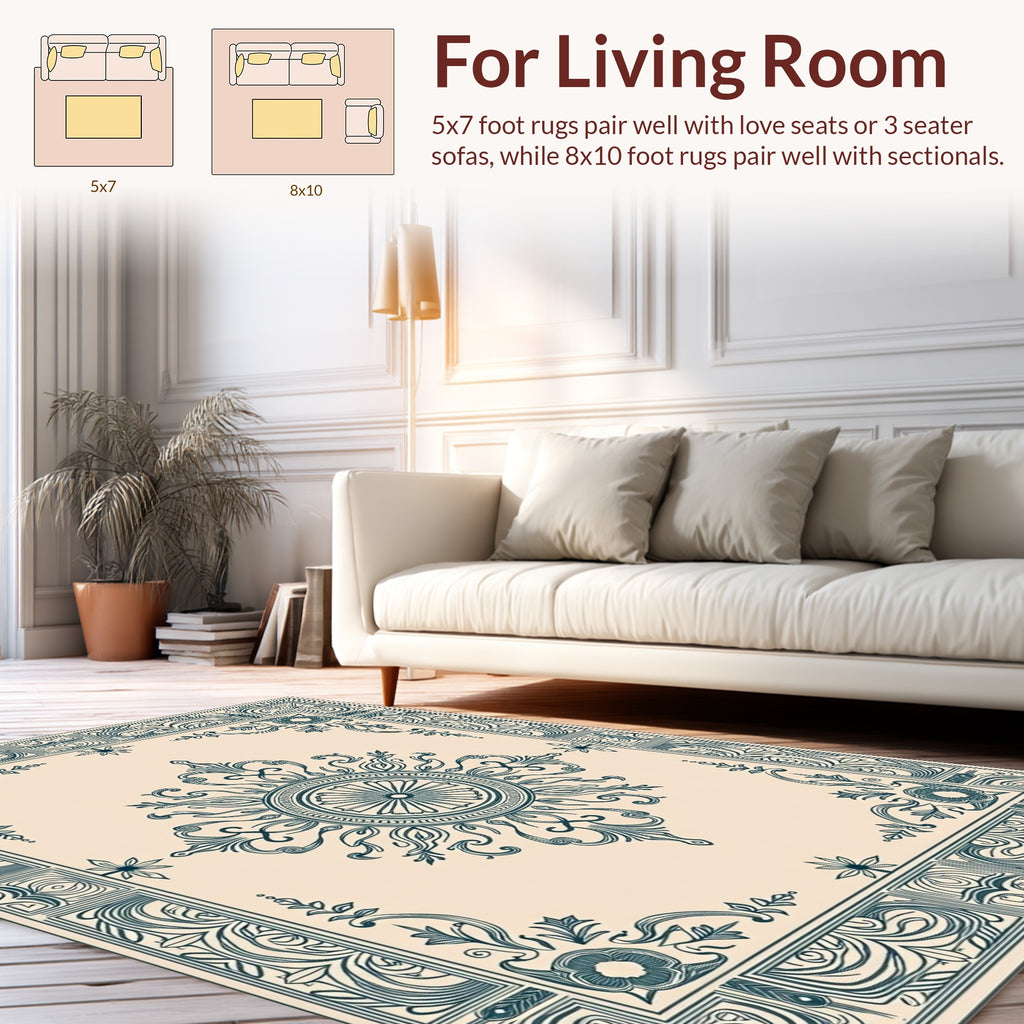 Ornate Teal Sunburst Floral Square Rug