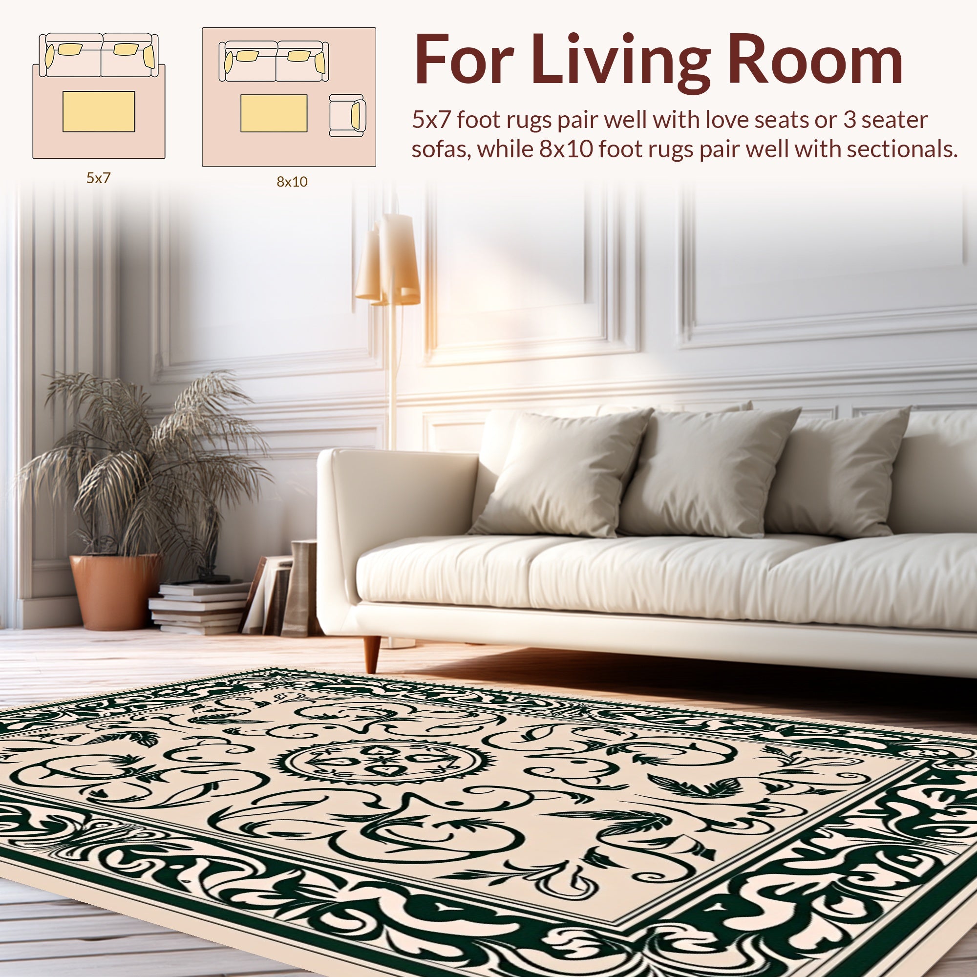 Intricate Floral Dark Green On Cream Rug