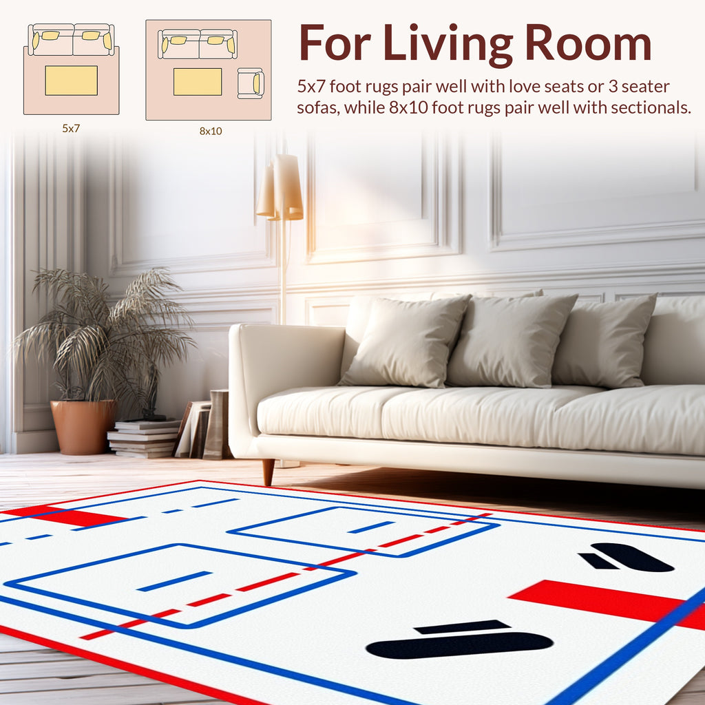 Bold Red Blue Ice Hockey Court Design Rug
