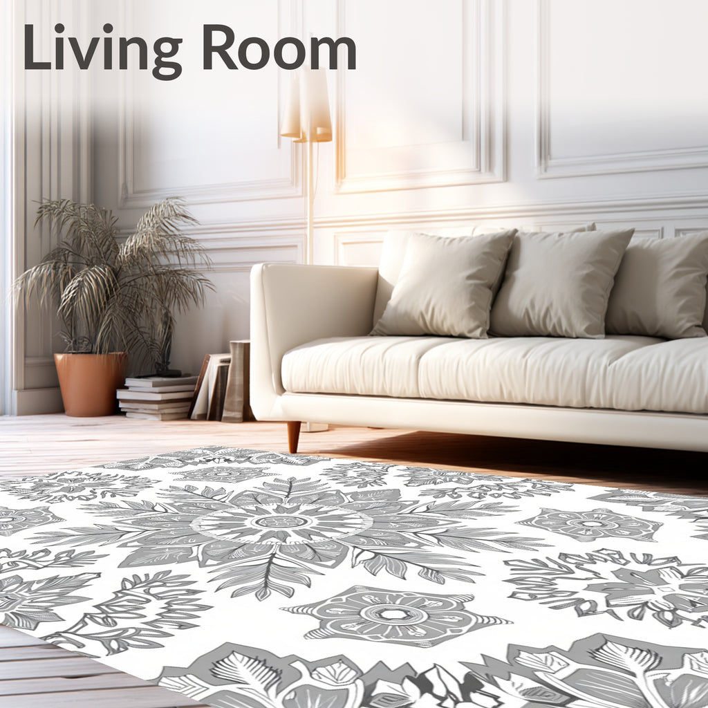 Monochromatic Gray Floral Mandala Art Rug