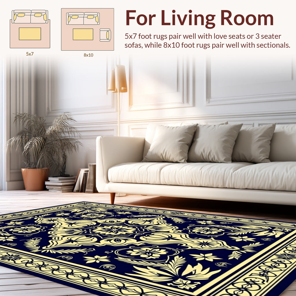 Navy Yellow Floral Mandala Pattern Rug