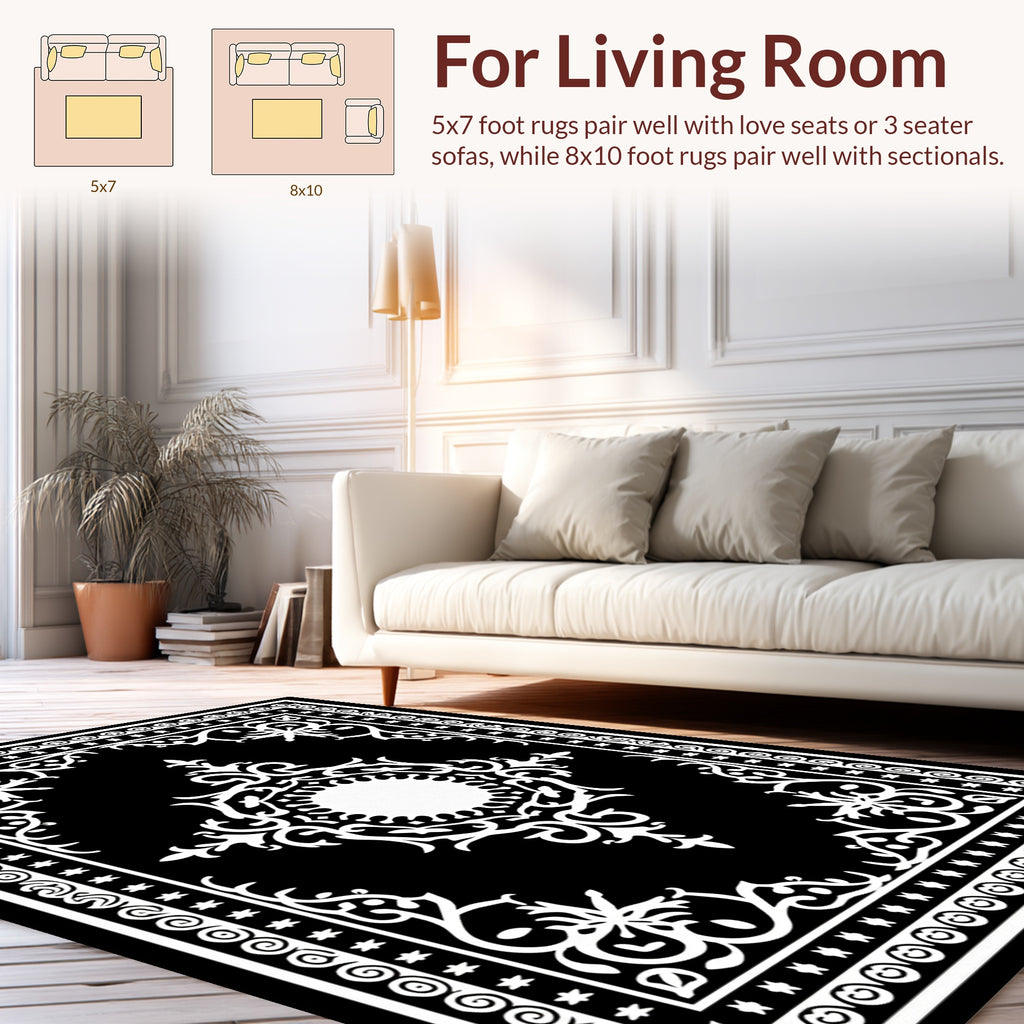 Classic Black White Floral Medallion Rug