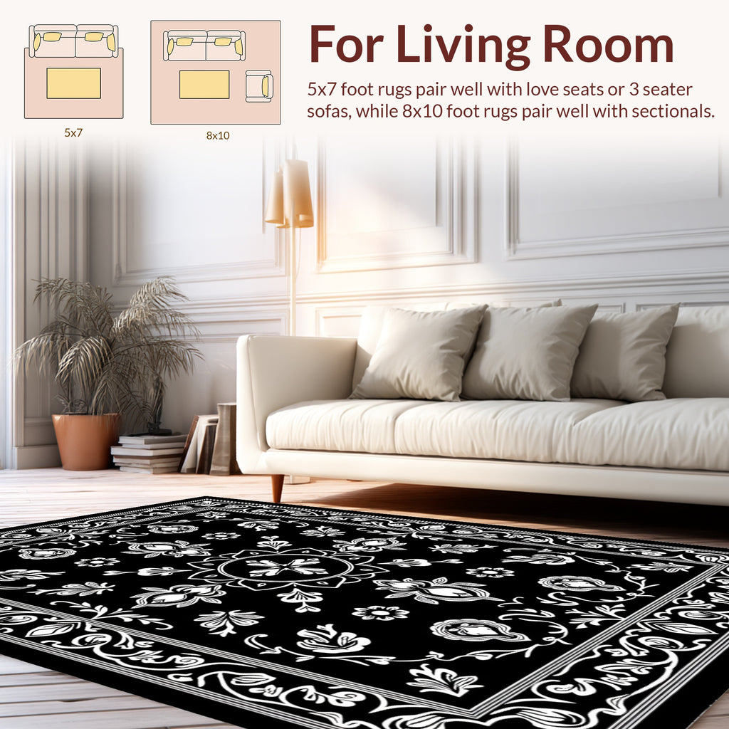 Elegant Black White Floral Medallion Rug