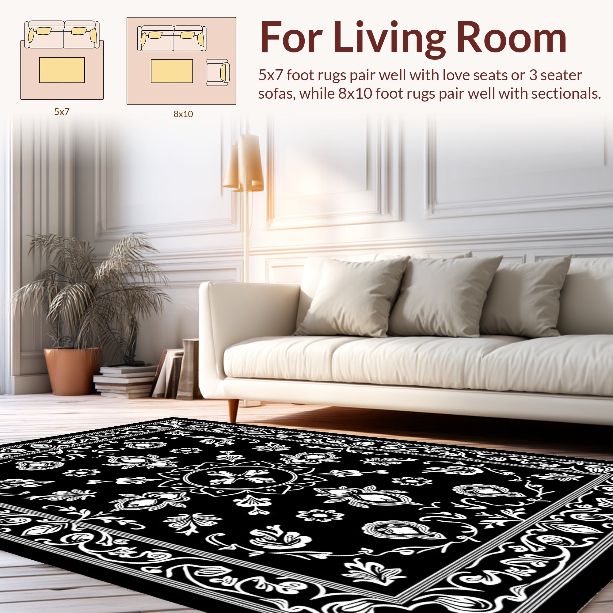 Elegant Black White Floral Medallion Rug