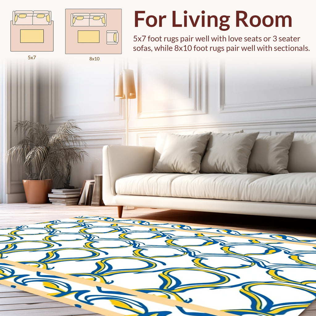 Banded Blue Yellow Abstract Swirl Pattern Rug
