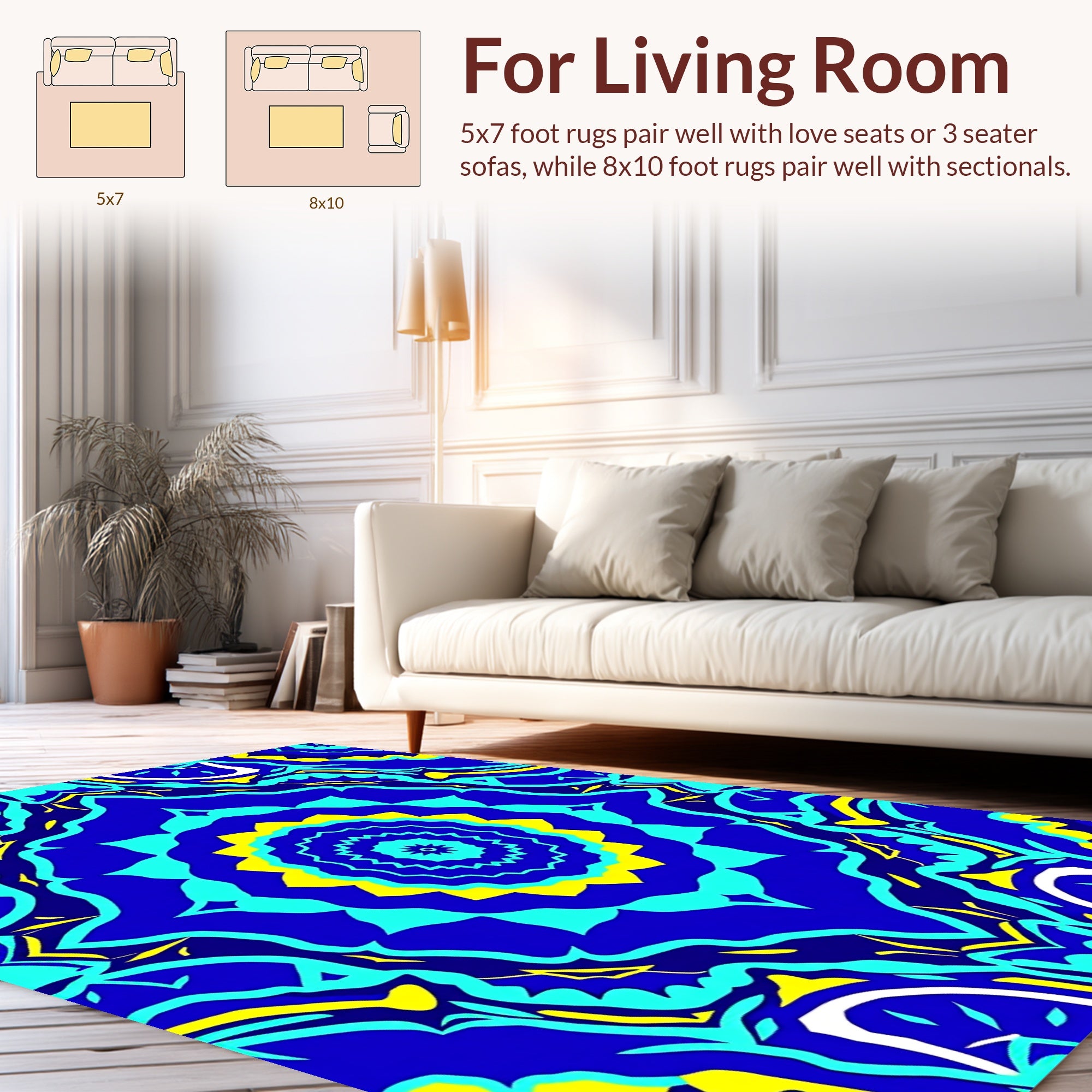 Vibrant Blue Yellow Teal Mandala Design Rug