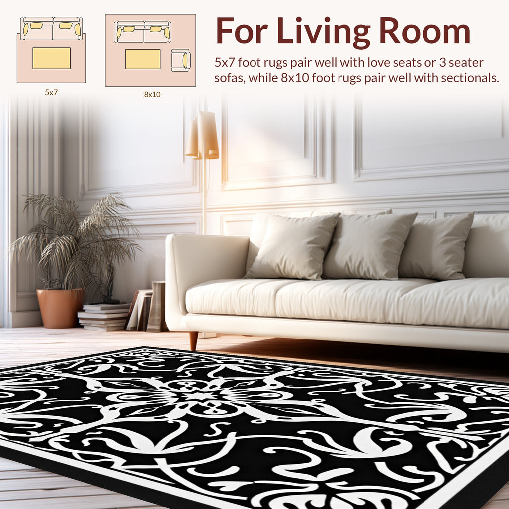 Intricate Black White Floral Pattern Rug